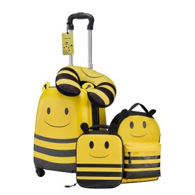 Kids Luggage Set, 5 Piece, 18 Inch Hardside Rolling Wheels Suitcase with Backpack & U-shape Pillow, Bee Kids Carry on Luggage Set