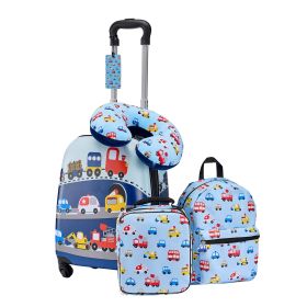 Kids Luggage Set, 5 Piece, 18 Inch Hardside Rolling Wheels Suitcase with Backpack & U-shape Pillow, Truck Kids Carry on Luggage Set