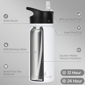Insulated Water Bottle Kids 16 oz Double Wall Vacuum Stainless Steel Water Bottle Leak Proof for School Wide Mouth with Straw Lid & Spout Lid Keeps Co