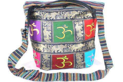 Om Patchwork & Jacquard with Elephants Sling Jhola Bag (Color: Green/red/yellow)