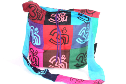 Pop Art Om Patchwork Jhola Sling Bag (Color: Blue/Red/Brown)